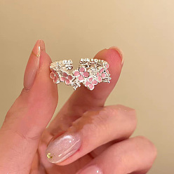 Platinum Alloy Enamel Cuff Open Rings for Women, Flower, Platinum, Inner Diameter: 15~20mm