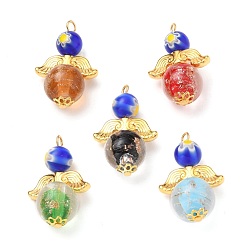 Golden Alloy Pendants, with Round Millefiori Glass Lampwork Beads, Wing Alloy Beads, Handmade Gold Sand Lampwork Beads, Angel, Golden, 29.5x18.5x12mm, Hole: 2mm