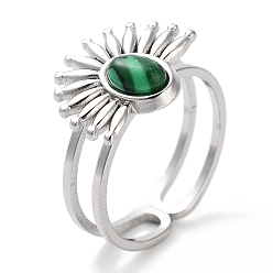 Малахит Ионное покрытие (ip) 304 кольцо из нержавеющей стали, синтетические малахитовые кольца, цветок, 15.5x12.5 мм, внутренний диаметр: регулируемый