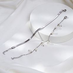 Нержавеющая Сталь Цвет Модные двухслойные браслеты из нержавеющей стали с цепочками в елочку и панцирным плетением, Пластиковые браслеты с имитацией жемчуга для женщин, цвет нержавеющей стали, 6-3/4 дюйм (17 см)