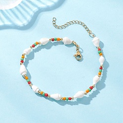 Разноцветный 304 браслеты на лодыжку из натуральных ракушек и стеклянных бусин и нержавеющей стали для женщин, золотые, красочный, 9-1/8 дюйм (230 мм)