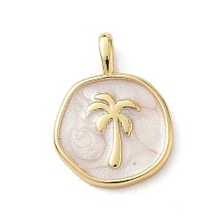 Белый Латунь эмаль подвески, плоские круглые с кокосовой пальмы, стойки покрытие, долговечный, без свинца и без кадмия, реальный 18 k позолоченный, белые, 18.5x13.5x2 мм, отверстие : 3.6x2.2 мм
