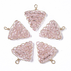 Pink Glass Pendants, Wire Wrapped Pendants, with Real 18K Gold Plated Brass Wires, Nickel Free, Grape, Pink, 21x16x3.5mm, Hole: 2mm