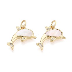 Морская Ракушка Латунные микропаве прозрачные подвески с фианитом, с оболочкой, прелести дельфинов, реальный 16 k позолоченный, цвет морской раковины, 15.5x11x2 мм, отверстие : 3 мм, Перейти кольцо: 5x0.8 мм, 3 мм внутренним диаметром
