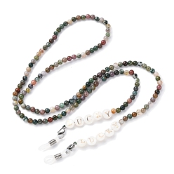 (RRHB277) Кристалл на подкладке из медово-бежевого цвета Цепочки для очков, натуральный индийский агат цепи шейный ремешок для очков, с резиновыми петлями на концах и фурнитурой из натуральной ракушки и нержавеющей стали, 740x4.5~8 мм