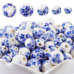 Синий 100шт 4цвета ручная работа печатные фарфоровые бусины, круглые, синие, 6~12 мм, отверстие : 1.6~2 мм, 25 шт / стиль