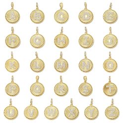 Letter A~Z Латунные микропаве прозрачные подвески с фианитом, плоский круглый с подвесками в виде букв, без свинца и без кадмия, долговечный, стойки покрытие, реальный 18 k позолоченный, Письмо ~ Z, 24.5x21.5x2.5 мм, отверстие : 4.5x3.5 мм