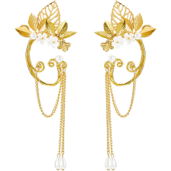 Золотой Серьги-каффы из сплава в виде листьев, с искусственным жемчугом из АБС-пластика и железными цепями, золотые, 140 мм