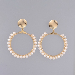 Golden Dangle Stud Earrings, with Natural Pearl, Copper Wire, 304 Stainless Steel Pendants, Brass Ear Stud Findings and Ear Nuts, Ring, Golden, 51.5mm, Pin: 0.7mm