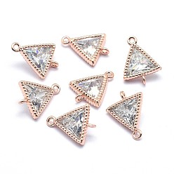 Розовый Позолоченный Латунные коннекторы, прозрачные, с кубического циркония, без кадмия, без никеля и без свинца, треугольные, Настоящее розовое золото покрыто, 10.5x8x3.5 мм, отверстие : 0.8 мм
