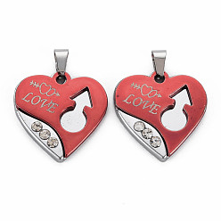 Rouge Indien Pendentifs en alliage, avec strass cristal, sans cadmium et sans nickel et sans plomb, coeur avec l'amour des mots, rouge indien, 27x26x4mm, Trou: 4x6mm