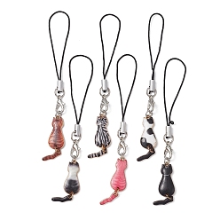 Mixed Color Cat Alloy Enamel Mobile Straps, Nylon Cord Mobile Accessories Decoration, 10.4cm, 6pcs/set