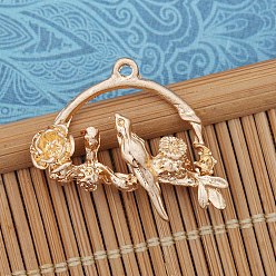 Light Gold Pendentifs en alliage, demi-rond avec oiseau, or et de lumière, 26x21mm, 100 pièces / kit