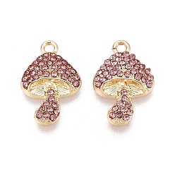 Розовый Подвески из сплава со стразами, гриб, без кадмия, без никеля и без свинца, золотые, светло-розовый, 19x12.5x3 мм, отверстие : 1.6 мм