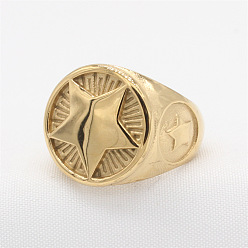 Золотой 304 из нержавеющей стали кольца палец для мужчин, круглая со звездой, золотые, размер США 10 (19.8 мм)