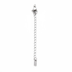 Stainless Steel Color Tarnish Resistant 304 Stainless Steel Chain Extender, Cadmium Free & Nickel Free & Lead Free, with Clasps and Tiny Rectangle Charm, Stainless Steel Color, 50mm, Hole: 2.5mm