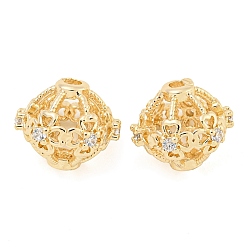 Настоящее золото 18K Полая стойка, покрытие из латуни, микропаве, прозрачные бусины из кубического циркония, долговечный, без свинца и без кадмия, круглый с клевером, реальный 18 k позолоченный, 11x10 мм, отверстие : 1.4 мм