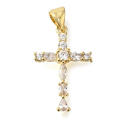 Настоящее золото 16K Подвески из латуни с прозрачным фианитом, крестик, реальный 16 k позолоченный, 21x13.5x3 мм, отверстие : 3.5 мм