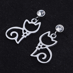 Нержавеющая Сталь Цвет 201 серьги-гвоздики с котенком из нержавеющей стали, с четким кубического циркония, полые кошки, цвет нержавеющей стали, 22.5 мм, штифты : 0.8 мм