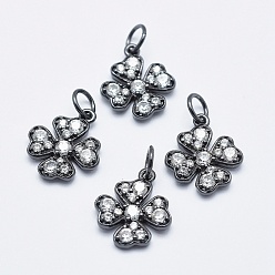 Черный Цвет Металла Латунные микропаве прозрачные кубические циркониевые подвески, долговечный, без кадмия, без никеля и без свинца, клевер, металлический черный , 14x11.5x2 мм, отверстие : 3 мм