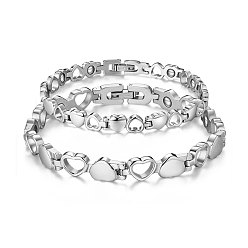Platinum Alloy Couple Bracelets, with Magnetic Hematite, Heart, Platinum, 200mm(7-7/8 inch)