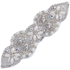 Argent Applique de strass de correctif de verre, repasser les plaques, avec montures imitation perle & alliage, pour robe de mariée, ceinture de mariée, décoration de ceinture en cristal, couleur argent plaqué, 140x40x7mm