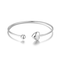 Platinum Rhodium Plated 925 Sterling Silver Cuff Bangle, with Heart and Bead, Torque Bangles, Platinum, 55mm(2-1/8 inch)