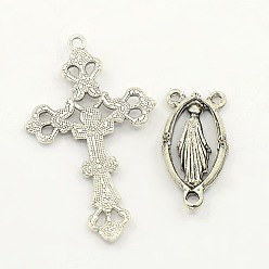 Antique Silver Link Chandelier Component Findings Center Piece Sets, Alloy Crucifix Cross Pendants and Virgin Links, For Easter Rosary Necklace Making, Lead Free, Antique Silver, Links: 13x25x3mm, Hole: 2mm, Cross: 26x43.5x3mm, Hole: 2mm