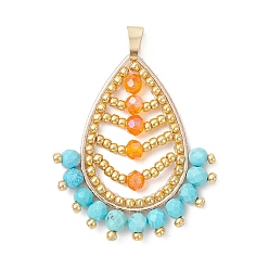 Бирюза Подвески из стеклянных бусин в виде листьев, с натуральным говлитом и латунными соединительными кольцами и 304 петлей из нержавеющей стали, граненые, бирюзовые, 38.5x32.5x4.5 мм, отверстие : 3x6.5 мм