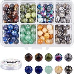 Смешанные камни Комплекты ювелирных украшений, с бусинами из натуральных драгоценных камней и эластичной хрустальной нитью, круглые, 8~8.5 мм, отверстие : 1~1.1 мм, 144 шт / комплект, 0.8 мм, около 10 м / рулон, 1roll / комплект