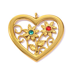 Настоящее золото 18K 304 из нержавеющей стали горный хрусталь подвески, сердце с подвеской в виде подсолнуха, ионное покрытие (ip), долговечный, реальный 18 k позолоченный, 35x32 мм, отверстие: 2 мм
