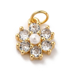 Clear Rack Plating Brass Micro Pave Cubic Zirconia Charms, with Pearl, Cadmium Free & Lead Free, Real 18K Gold Plated, Flower, Clear, 12.5x10.5x4mm, Hole: 3.6mm