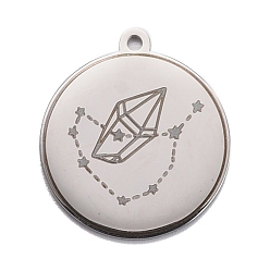 Stainless Steel Color Non-Tarnish 304 Stainless Steel Pendants, Flat Round with Star & Diamond, Stainless Steel Color, 28x25x1.4mm, Hole: 2mm