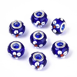 Синий Бусины лэмпворк европейского стиля , ухабистая лампа, с платиновой латуни двойной ядер, бусины с большим отверстием, RONDELLE с цветком, синие, 16x14x10.5 мм, отверстие : 5 мм