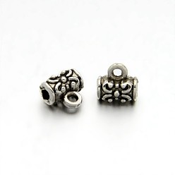 Antik Silber Farbe Legierungssäule im tibetischen Stil geschnitzte Blumenbügelperlen, cadmiumfreie und bleifreie Röhrenbügel, Schleifenbügel, Antik Silber Farbe, 7x7x5 mm, Bohrung: 1 mm