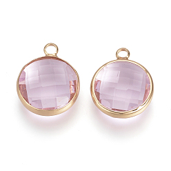 Бледно-Розовый Стеклянные подвески, с латунной фурнитурой , граненые, плоско-круглые, розовый жемчуг, 9.5x6.5x2.5 мм, отверстие : 2 мм
