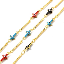 Colorful Handmade Brass Enamel Cross with Evil Eye & Bar Link Chains, Long-Lasting Plated, Soldered, with Spool, Colorful, Link: 15x2x1mm, 13x5x2.5mm