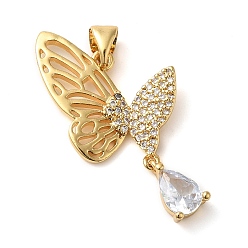 Настоящее золото 18K Кубические подвески из латуни с микропаве, бабочка, без кадмия, без никеля и без свинца, реальный 18 k позолоченный, 23x11.8x3 мм, отверстие : 4.5x3 мм