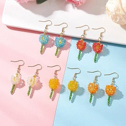 Золотой 304 серьги-подвески в виде стеклянных цветов из нержавеющей стали, с фурнитурой для сережек из сплава в тибетском стиле и экологически чистой медной проволоки, золотые, 55~56x12 мм