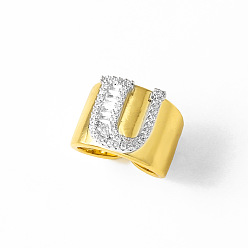 Letter U Латунные кольца-манжеты с микропаве из прозрачных кубических цирконий, буквы, золотые, Буква U, 17 мм