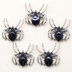 (946F)Морозный цвет внутри  Жонкиль / Непрозрачная зеленая подкладка Брошь из натурального черного агата (окрашенного и нагретого), паук, античное серебро, 36x34 мм