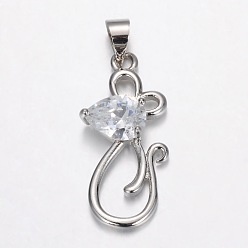 Платина Латунные микро проложить кубического циркония подвески, мышь, платина, 24.5x11x4.5 мм, отверстие : 4x4 мм