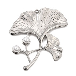 Stainless Steel Color 304 Stainless Steel Big Pendants, with Plastic Pearl, Ginkgo Leaf Charms, Stainless Steel Color, 50x43x6mm, Hole: 2mm