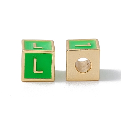 Letter L Стойки покрытие латунь эмаль бисер, без кадмия, без никеля и без свинца, реальный 18 k позолоченный, куб с письмом, зеленый лайм, letter.l, 6x6x6 мм, отверстие : 2.5 мм