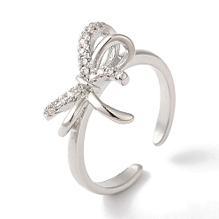 Платина Открытые манжеты из латуни с бантом и микро-паве с прозрачным цирконием для женщин, платина, бант : 12x16.5 мм, регулируемый