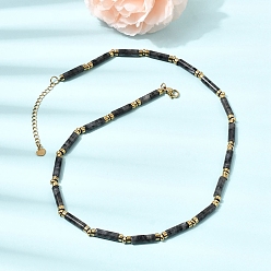 Larvikite Ожерелья из бусин в форме колонн из натурального ларвикита и синтетического немагнитного гематита с цепочками из нержавеющей стали., золотые, 304 дюйм (16.85 см)