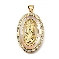 Oval Подвески в форме ракушек из латуни с микропаве и кубическим цирконием, без кадмия и без свинца, реальный 18 k позолоченный, Дева Мария, овальные, 32.5x20x2.5 мм, отверстие : 3.5x5 мм