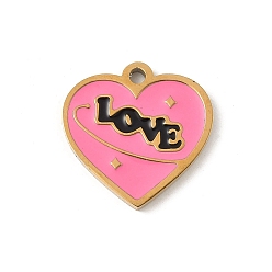 Pink 304 из нержавеющей стали шармы эмали, реальный 18 k позолоченный, сердце со словом любовь очарование, розовые, 12x12.5x1 мм, отверстие : 1.2 мм
