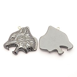Non-magnetic Hematite Non-magnetic Synthetic Hematite Pendants, Grade AA, with Brass Findings, Tiger Head, 33x37x5mm, Hole: 1.5mm