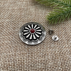 Dark Red Flower Pattern Flat Round Alloy Coin Screwback Rivets, with Plastic Imitation Turquoise, for Clothes Bag Shoes Leather Craft, Dark Red, 30mm
